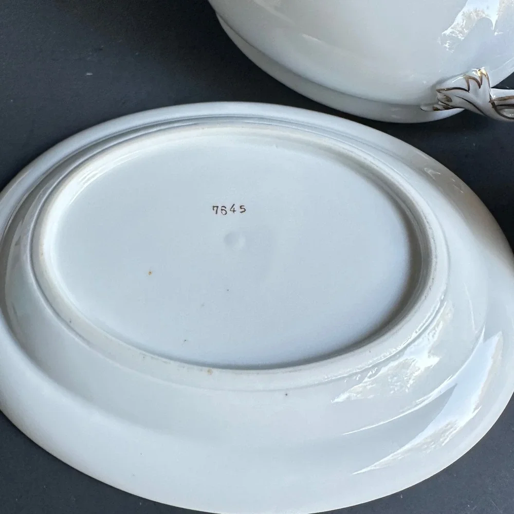 Vintage Porcelain Sauce Tureen Lid Underplate White Gold Trim 3pc Cottagecore